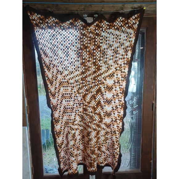 Handmade Crocheted Popcorn Stitch Brown White & Tan Blanket Unique Warm Beauty - Picture 6 of 9